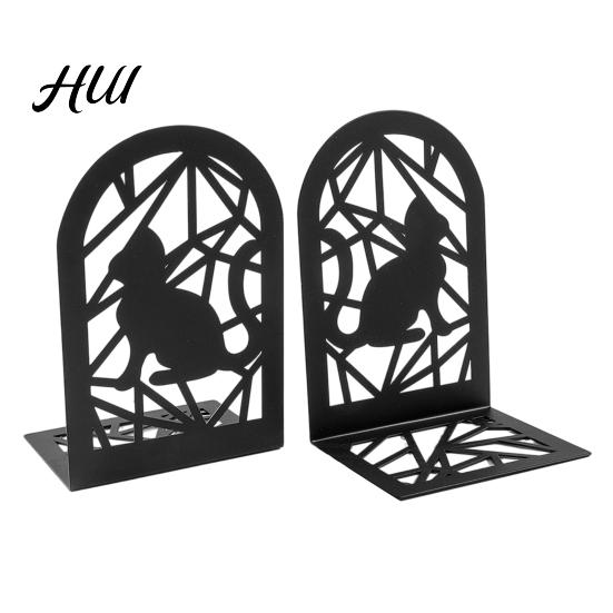 Cat Decorative Bookends 1 Pair Metal Hollow Bookends, Heavy Book Ends Thick Support for Shelf, Non-Skid Black Stopper Home Office Desk