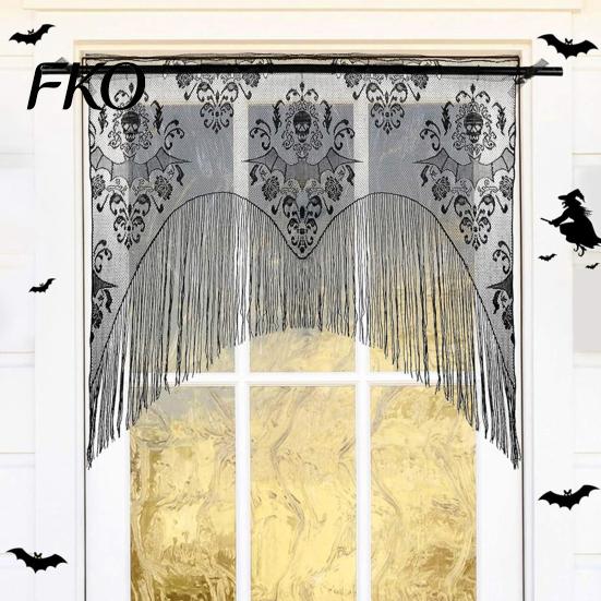 Breathable Porch Curtain Halloween Spooky Window Valance, Skull And Bat Pattern Sheer Lace Curtain, Detailed Valance Light Filtering Gothic for Living