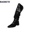 Сапоги с острым носком, высокие сапоги до колена, роскошные женские туфли челси на высоком каблуке 2025 года, трендовые готические кожаные плиссированные сексуальные зимние ботфорты Mujer