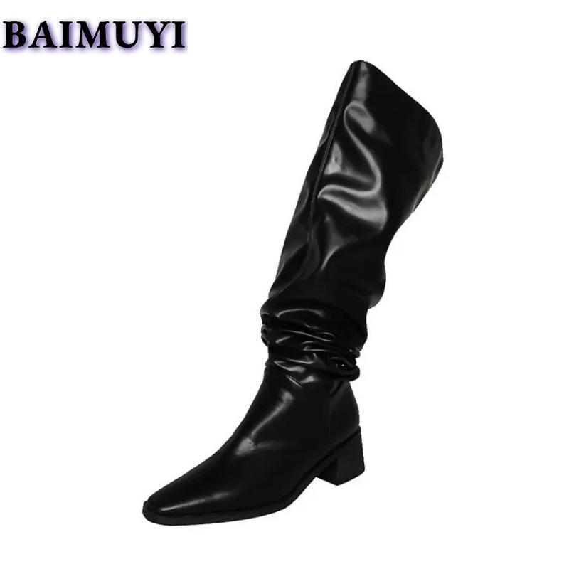 Сапоги с острым носком, высокие сапоги до колена, роскошные женские туфли челси на высоком каблуке 2025 года, трендовые готические кожаные плиссированные сексуальные зимние ботфорты Mujer
