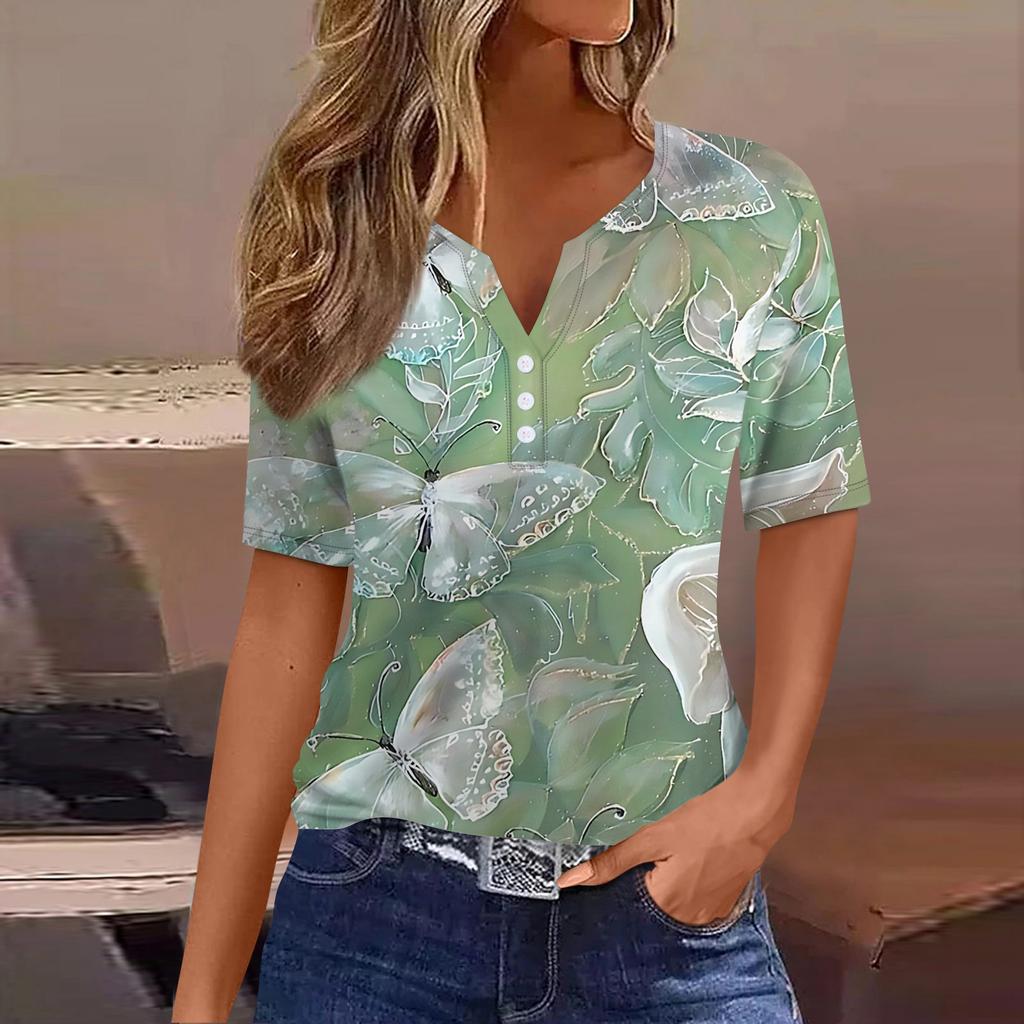 Женская повседневная футболка с коротким рукавом, цветочным принтом и V-образным вырезом, декоративными пуговицами