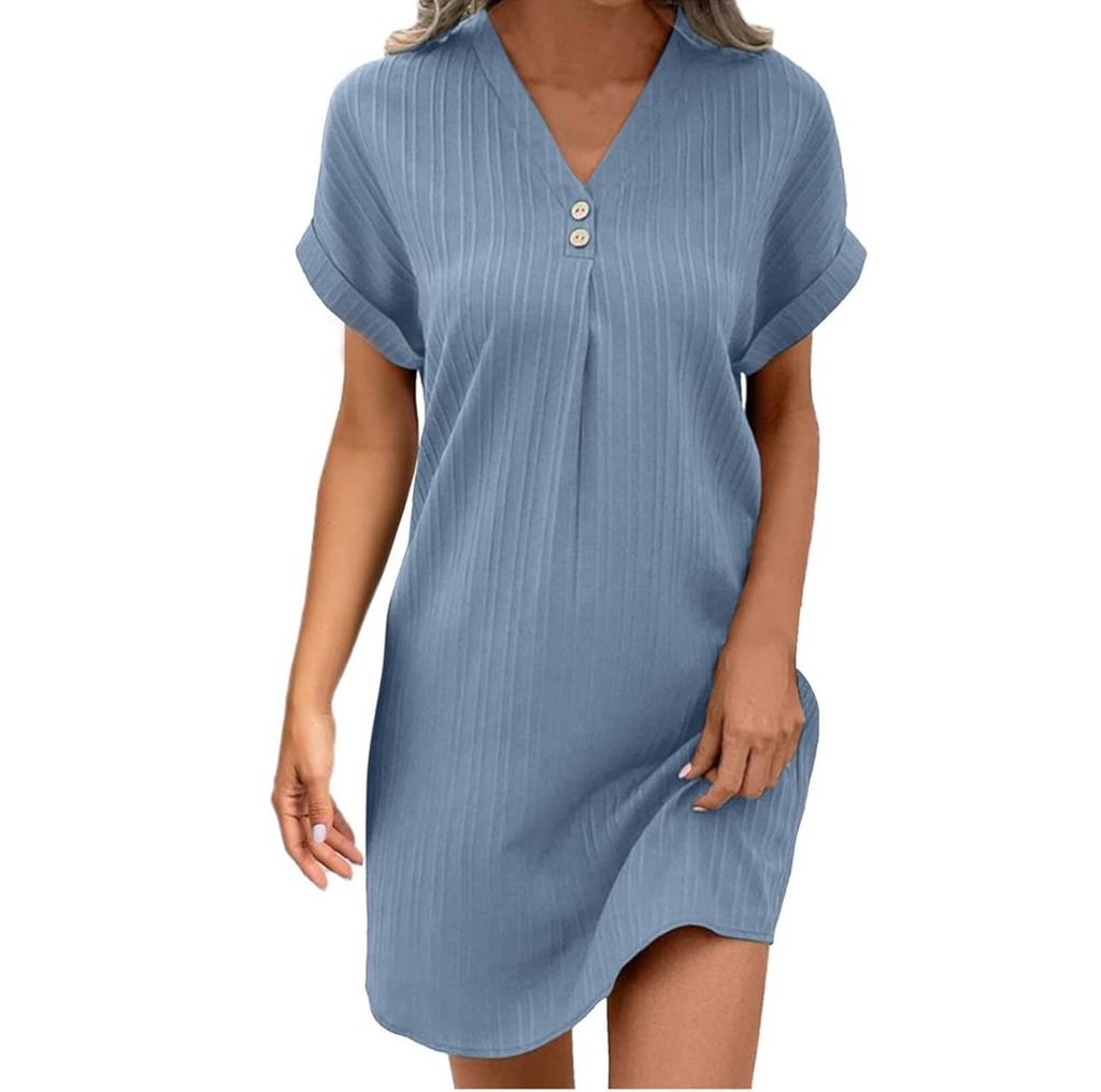 Women's New Short Sleeve V-neck Solid Color Pullover Comfortable Casual Button Dress
