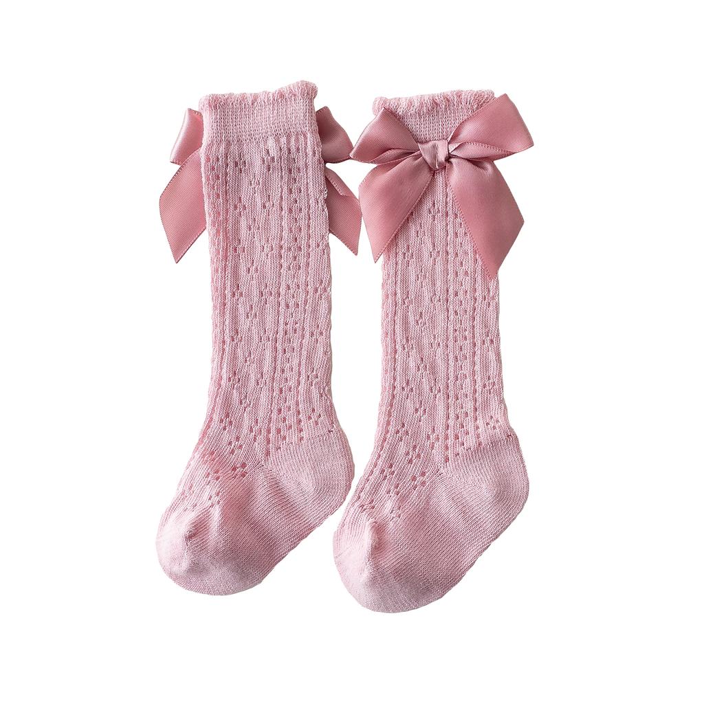 Носки для девочек до колена, дышащие, с вырезами-сеткой, с милыми бантами, носки для платья, носочки для новорожденных, аксессуары для одежды
