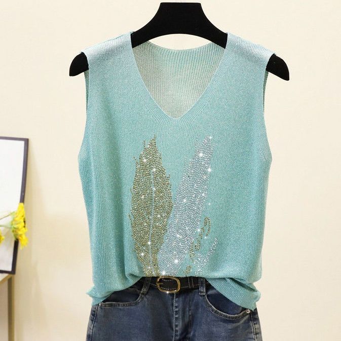 Свободный внутренний плюс плюс без рукавов шелковый трикотажный топ со стразами V-образный вырез майка женская летняя