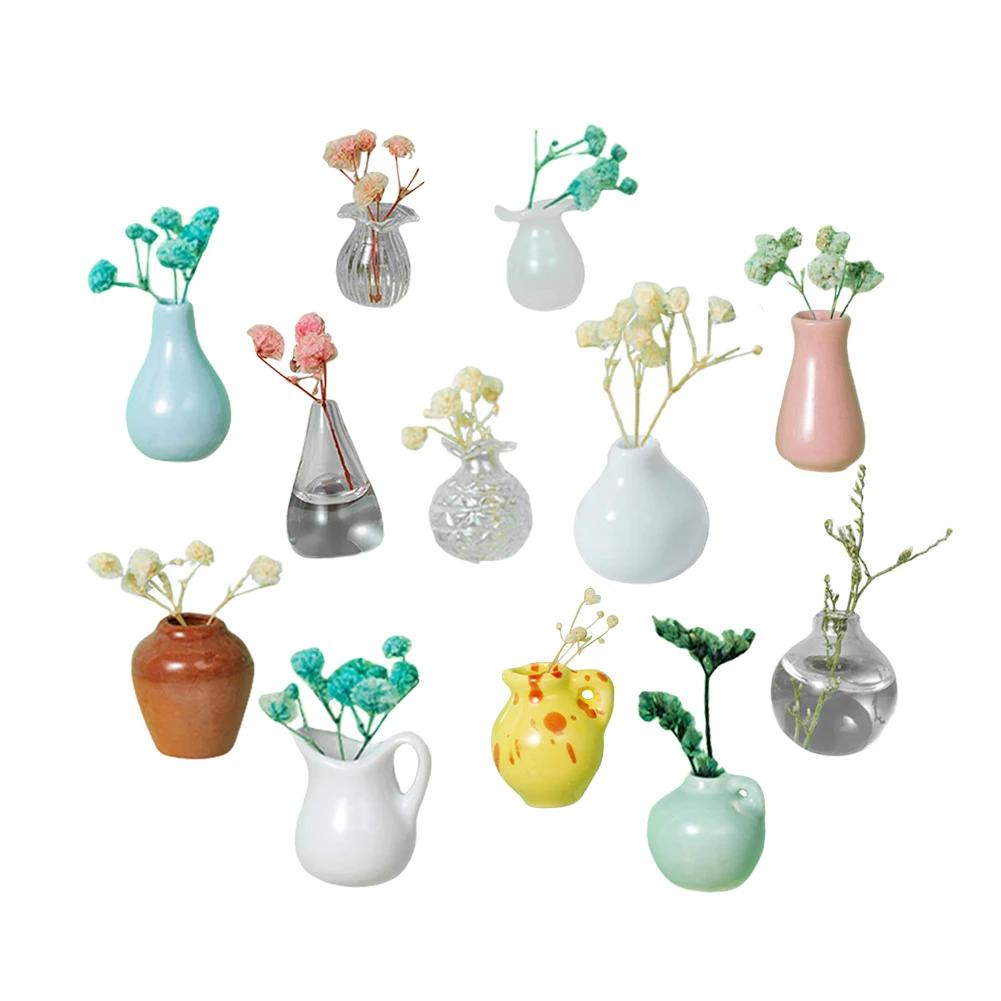 5-14pcs/Set Mini Ceramics Vase Fridge Magnets Label Mini Bonsai Magnet Button Potted Simulation Flower Vase Refrigerator Message