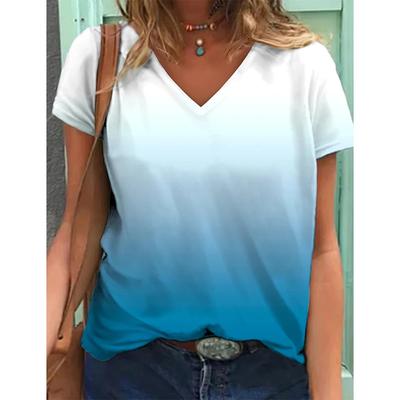 Повседневные базовые женские топы с V-образным вырезом и короткими рукавами, простой градиентный принт, летние женские топы 2025 года, большие размеры, удобные домашние футболки