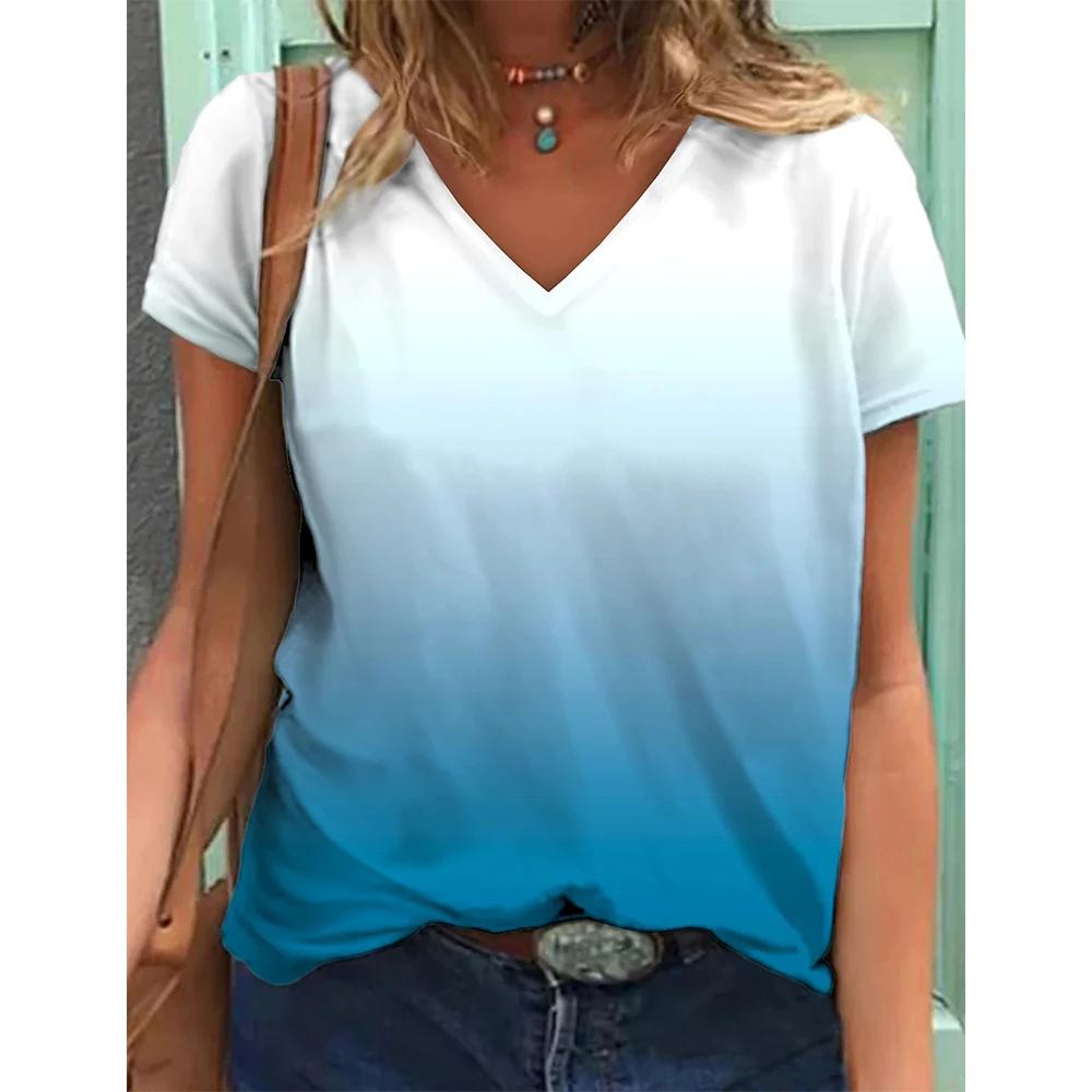 Простые градиентные 3D-принты, повседневные базовые женские топы с V-образным вырезом и короткими рукавами, летние женские топы больших размеров для дома, удобные футболки