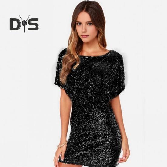 Women Mini Dress Round Neck Hollow Short Sleeve Backless Short Dress Glitter Sequins Hip Wrapped Party Dress