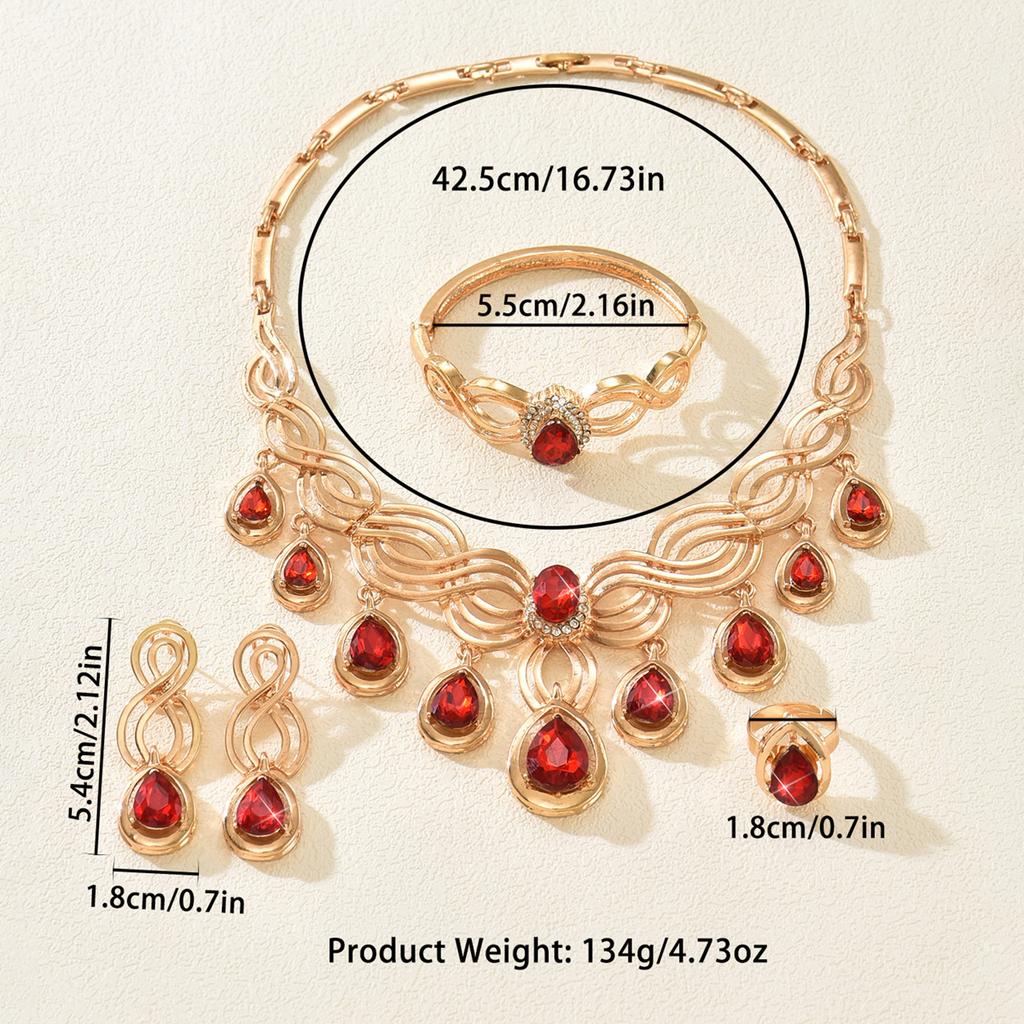 Fashionable and Exaggerated Diamond Studded Red and Black Water Droplet Necklace, Earrings, Rings, Bracelets, Four Piece Set