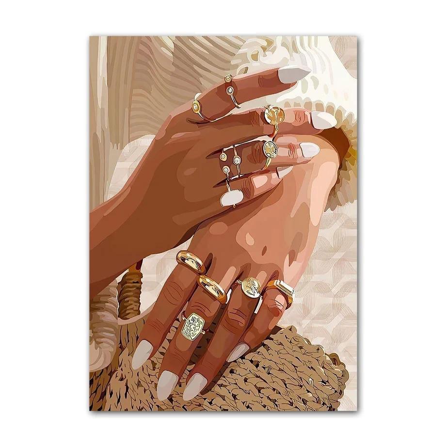 Черное искусство Мода Хип-хоп Девушка Маникюр Ювелирные изделия Губы Постер Африканская Черная Женщина Красивые Ногти Живопись Картинки Гостиная Салон Красоты Декор