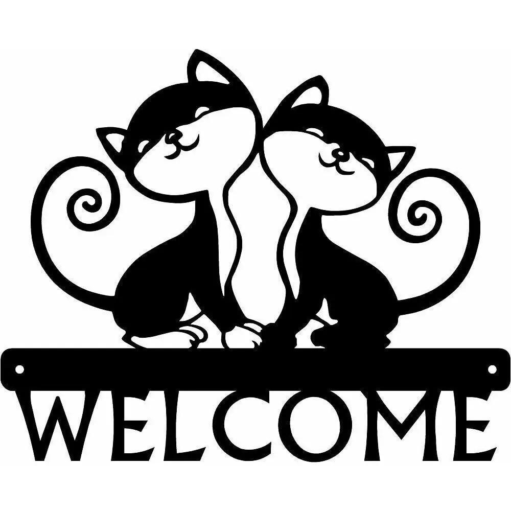 Twin Cats Welcome Sign Wall Stickers Shape Decoration Metal Ornaments Cats Welcome Sign Twin Wall Stickers Metal