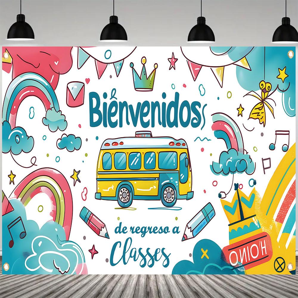 A Spanish banner welcoming students back to school with polyester fiber happily returning to the classroom background
