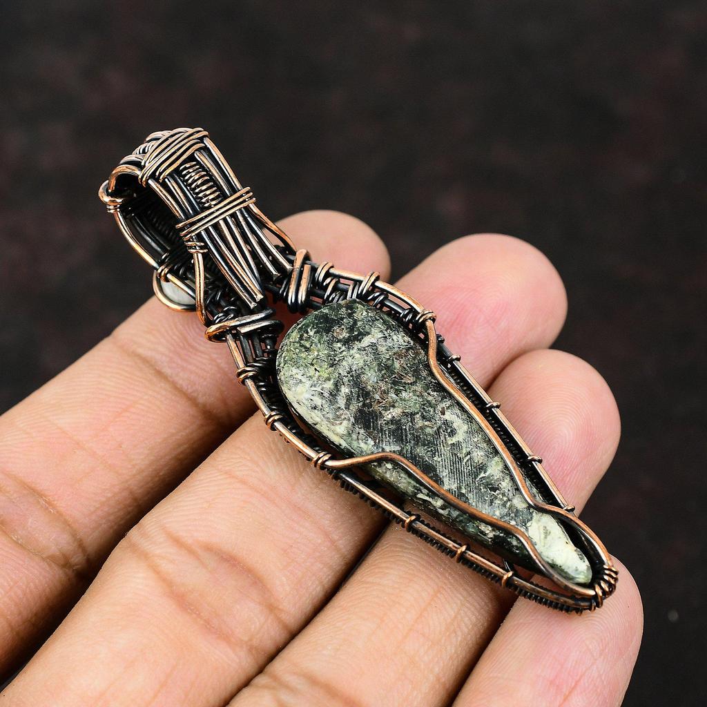 Серафинит Медный Кулон Медная Проволока Обернутый Кулон Драгоценный Камень Дизайнерские Ювелирные Изделия Кулон Лунный Камень Ювелирные Изделия Ручной Работы Серафинит Подарок Для Мамы