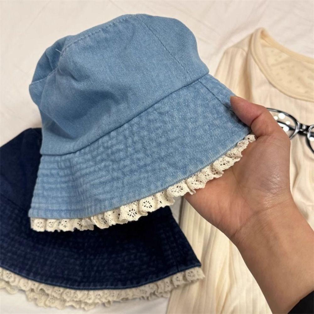 Big Brimmed Denim Bucket Hat Y2K Panama Hat Casual Lace Fisherman Hat Lady