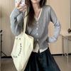 Women's Autumn and Winter Solid Colour V-Neck Knitted Cardigan Clashing Colour Sweater