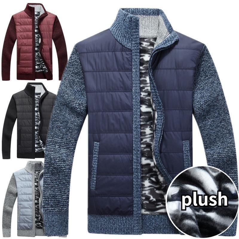 Зимняя мужская теплая вязаная куртка с плюшевым толстым воротником-стойкой, мужской кардиган свободного размера с подкладкой