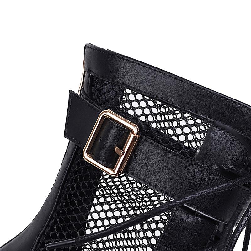 Сексуальные сетчатые ботильоны для женщин с острым носком, весенне-летняя обувь, женские черные, белые каблуки, дышащие танцевальные ботинки, большой размер 45