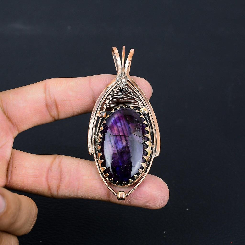 Purple Flash Labradorite Gemstone Jewelry Pure Copper Wire Wrapped Handmade Pendant
