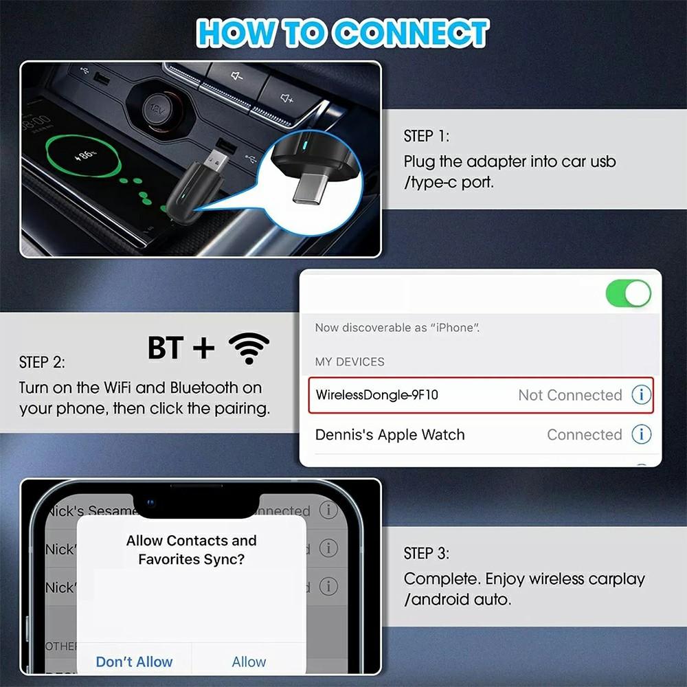 Dual Head 2 In 1 Carplay Android Auto Vehicle Wired To Wireless Adapter