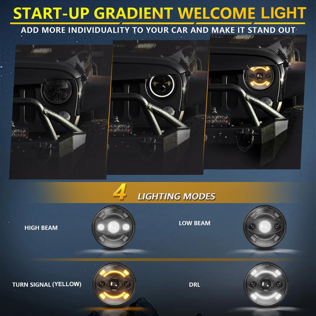 2pcs 7 Inch LED Headlights with Hi/Lo Beam DRL and Turn Signal Waterproof 7 Inch Round Headlights