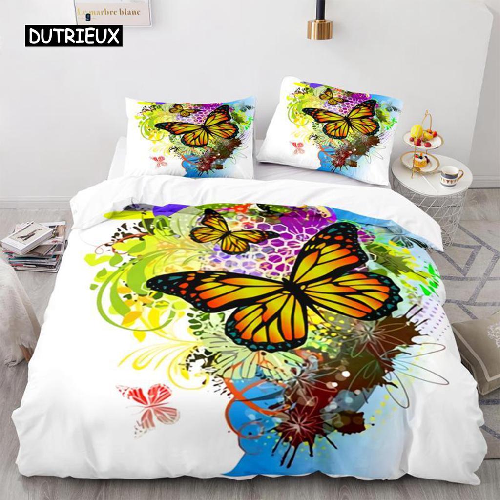 Комплект постельного белья с бабочками, комплект постельного белья с 3D-принтом в виде фиолетовой бабочки и цветочным принтом, фантазийная тема, одеяло размера «king size» для девочки