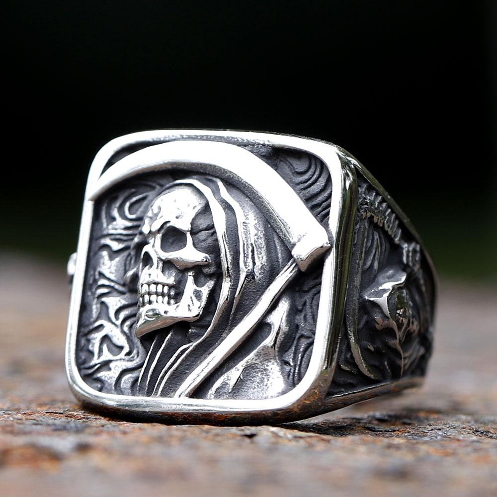 Vintage Mens 316L Stainless Steel Rings for Men Death Sickle Domineering Skull Ring Men's Hip-hop Punk Party Jewelry Gift