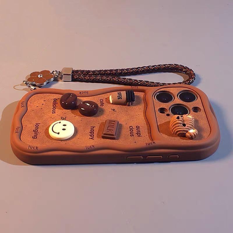 Suitable for Iphone 3D Cute Coffee Brown Wavy Edge Phone Case with Lanyard Soft Silicone Cover Perfect Gift for Girls Firends