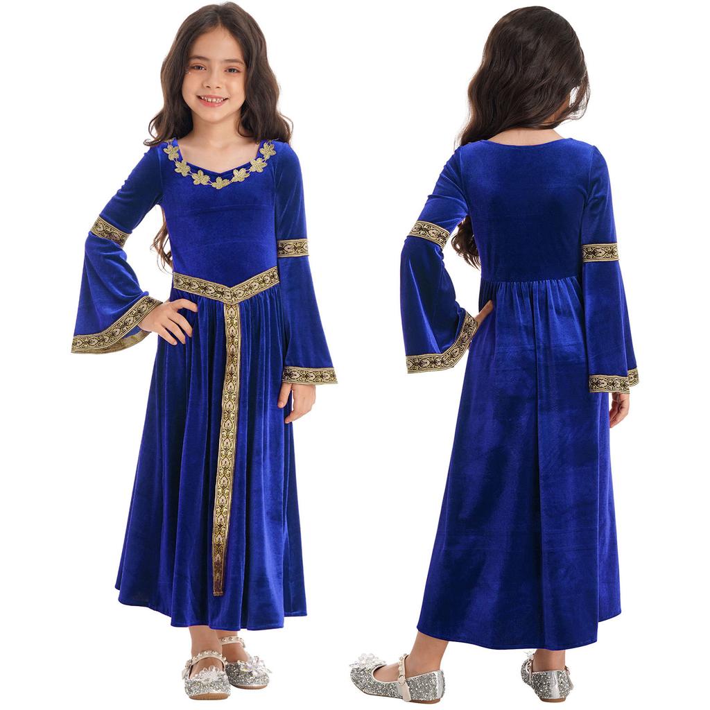 Kids Girls Stylish Medieval Princess Long Flare Sleeve Vintage Pattern Dress