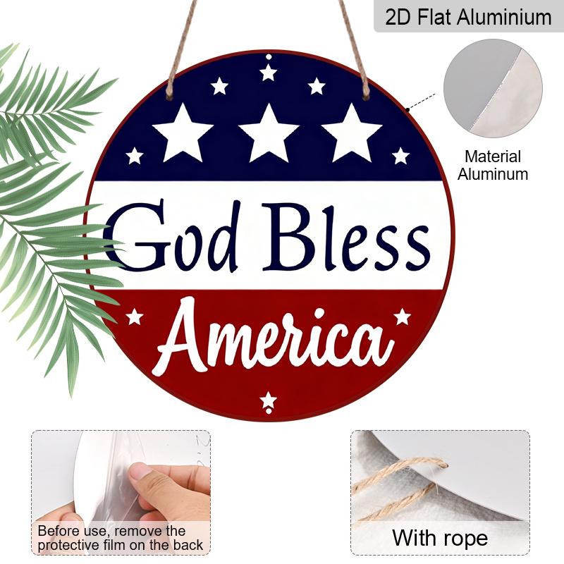 2D Flat, 1pc Patriotic “God Bless America” Hanging Sign, Heavy-Duty Aluminum Independence Day Decoration with Navy Blue & Red Stars, 7.87In American