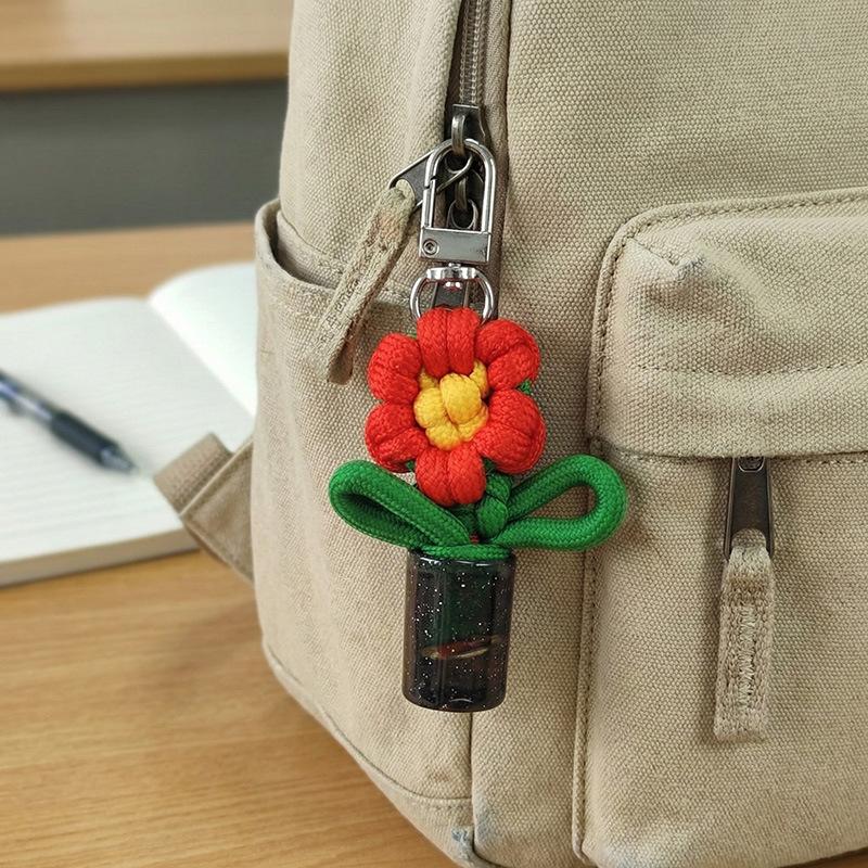 Adorable Handwoven Flower Keychain Mini Potted Vase Plant Charm Pendant for Girls Bag Accessory