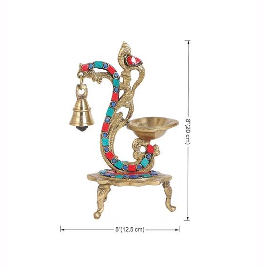 Two Moustaches Gemstone Work Ethnic Carved Peacock Design Pure Brass Diya with Bell , Brass Oil Lamp, Diya for Home Standard , Pack of 1