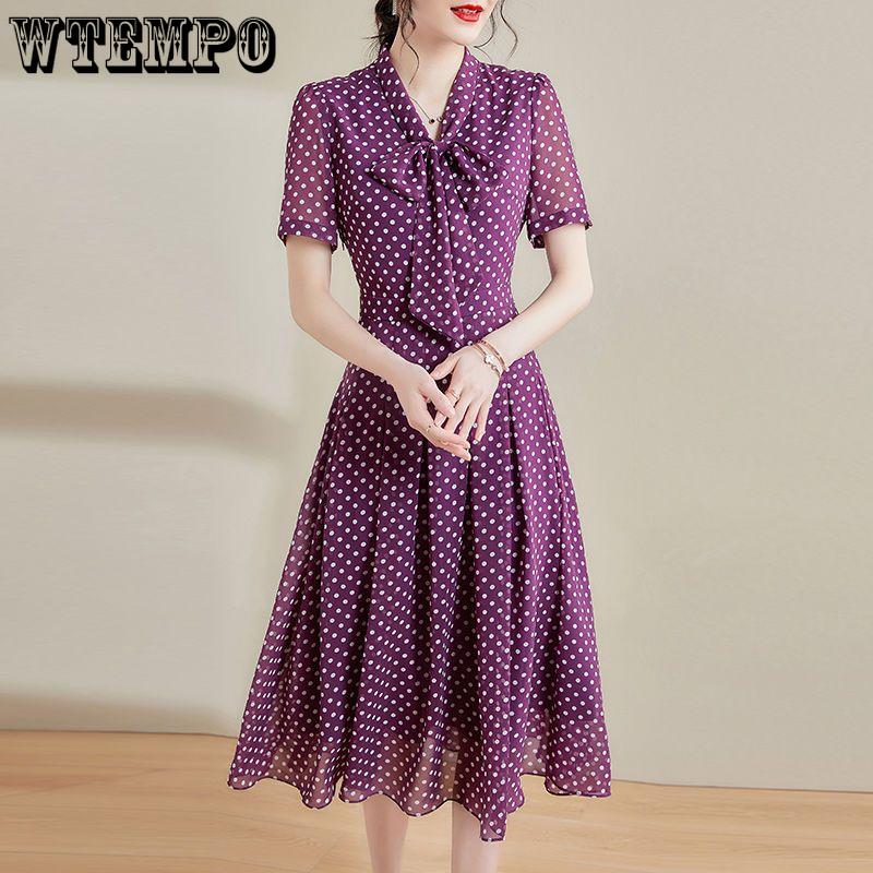 Элегантное темпераментное фиолетовое шифоновое платье в горошек, женские платья трапециевидной формы средней длины с короткими рукавами и талией