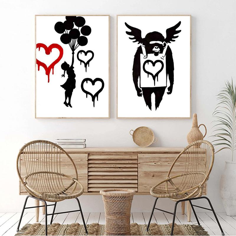 Граффити Бэнкси, красный воздушный шар, плакат, принты, абстрактные фигуры, картина на холсте, настенное искусство, картина для офиса, коридора, домашнего декора