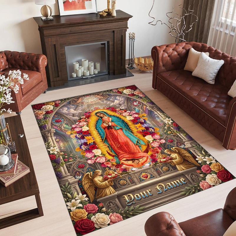 Virgin Mary Theme Crystal Velvet Rug Personalized Custom Name Text Soft Floor Mat Home Decor