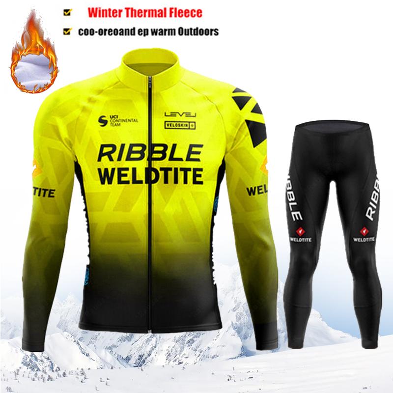 2025 Pro Team Winter Cycling Jerseys Set Yellow Long Sleeve Thermal Fleece Bicycle Clothing Keep Warm Bike Wear Suit Sportswear