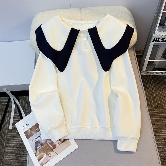 Свободный свитер в корейском стиле с воротником в виде листьев лотоса и пуговицами 2024 года — модный универсальный женский дизайн.