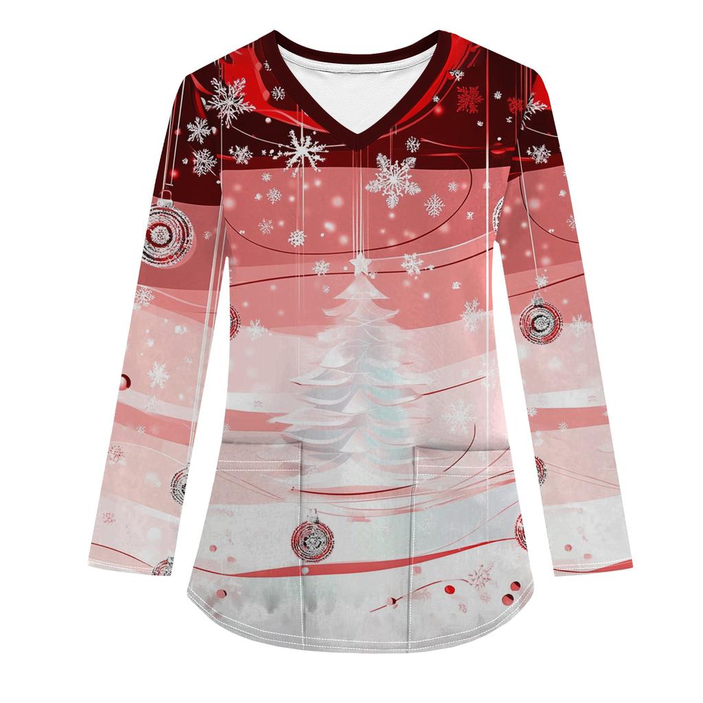 Женская модная рабочая одежда с V-образным вырезом, длинным рукавом и карманом, рождественский принт, футболка, топ