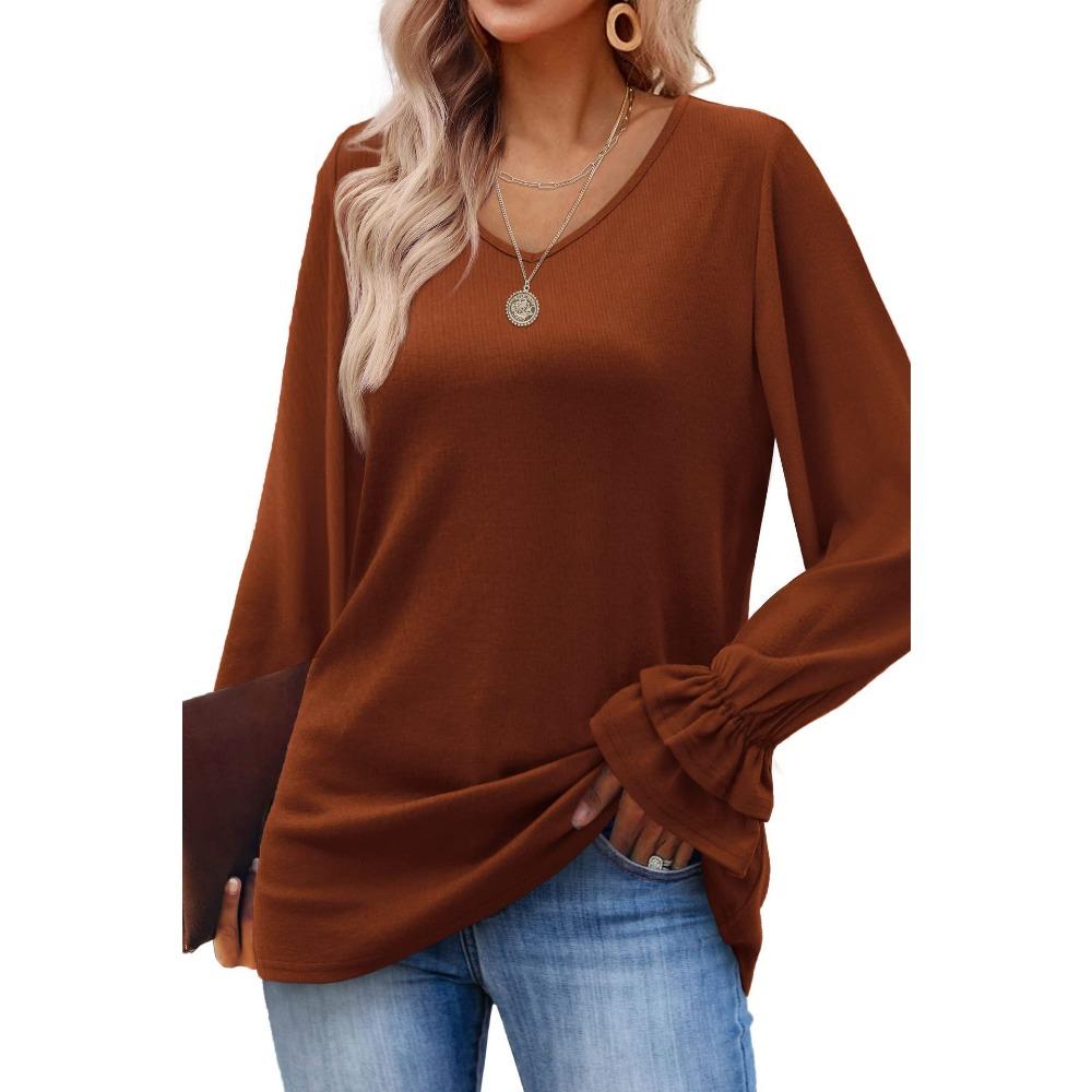 GMXIA Autumn Winter Horn Sleeve Long Sleeve Solid Color T-shirt Top for Women