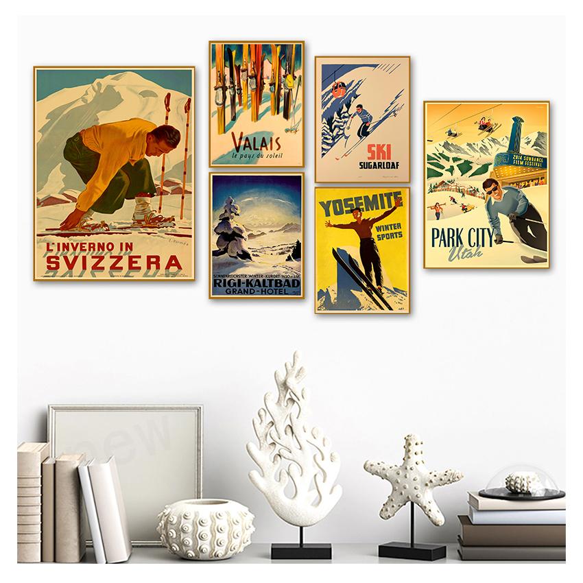 Винтажные настенные крафт-постеры с покрытием, настенные наклейки для украшения дома, фотографии в стиле ретро, ​​лыжи в Альпах, Швейцария, холст, живопись, катание на лыжах
