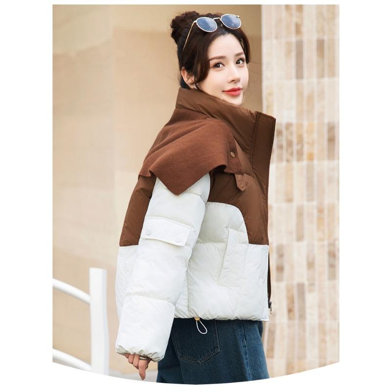 Korean Style Loose Fit Knit Poncho Collar Down Jacket with Color Block for Autumn Winter Women