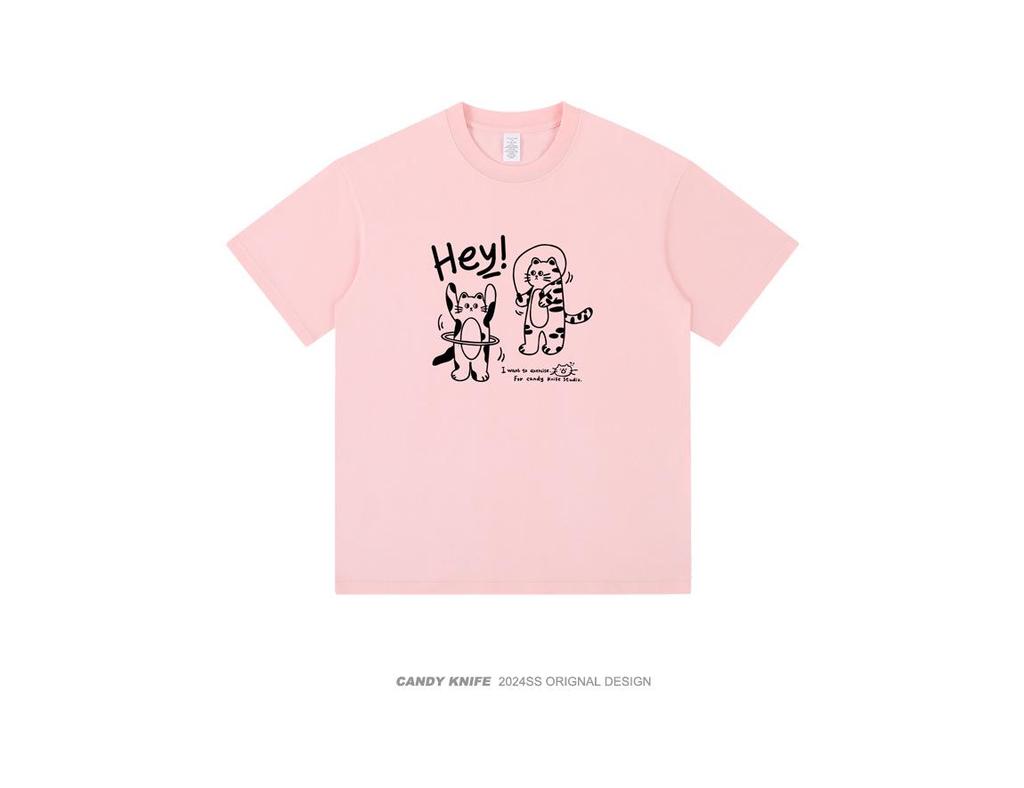 Унисекс Летний Тренд Хлопковая Футболка с Принтом Кота, Со Спущенным Плечом, Свободного Кроя