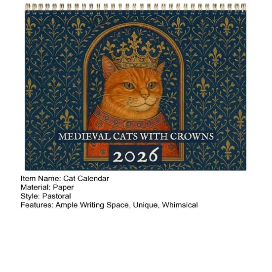 2026 Medieval Cat Calendar with Crowns Whimsical Art Monthly Wall Calendar Unique Gift for Cat Lovers