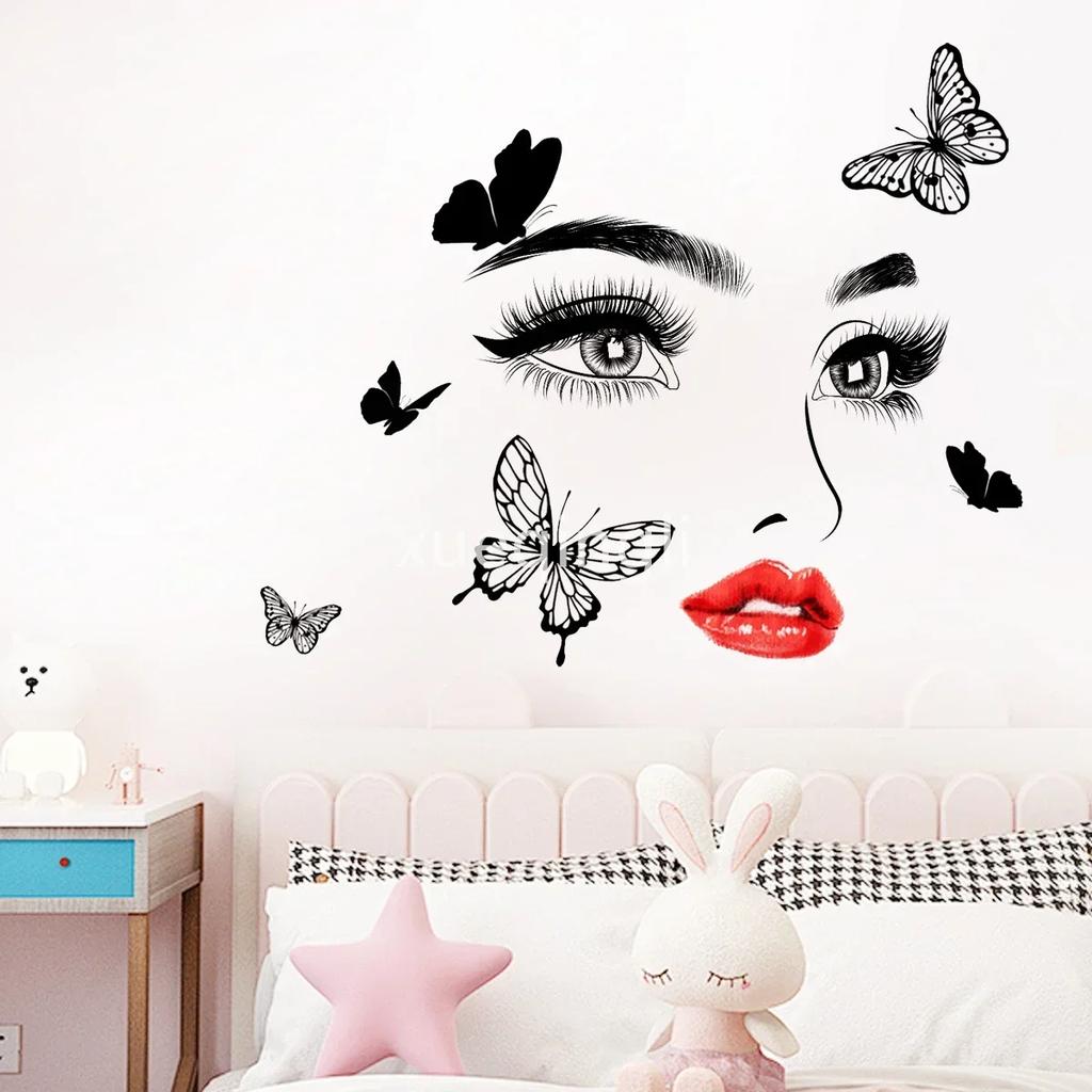 Красота Женское Лицо Наклейка на Стену Декаль Салон Красоты Обои Косметика Макияж Настенная Наклейка Фреска Съемная Салон Декорация
