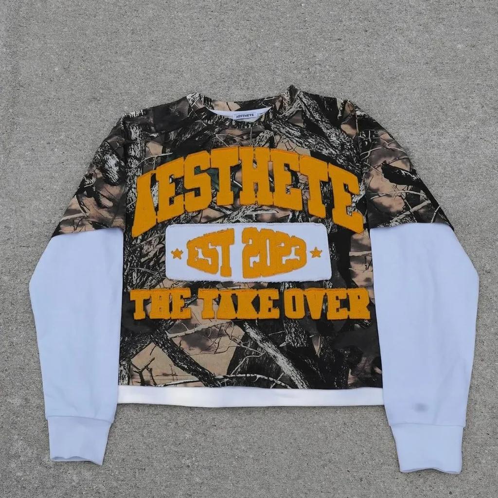 Американский уличный принт Harajuku камуфляжный длинный рукав свитер мужской длинный рукав Y2K свободный буквенный принт большой размер футболка