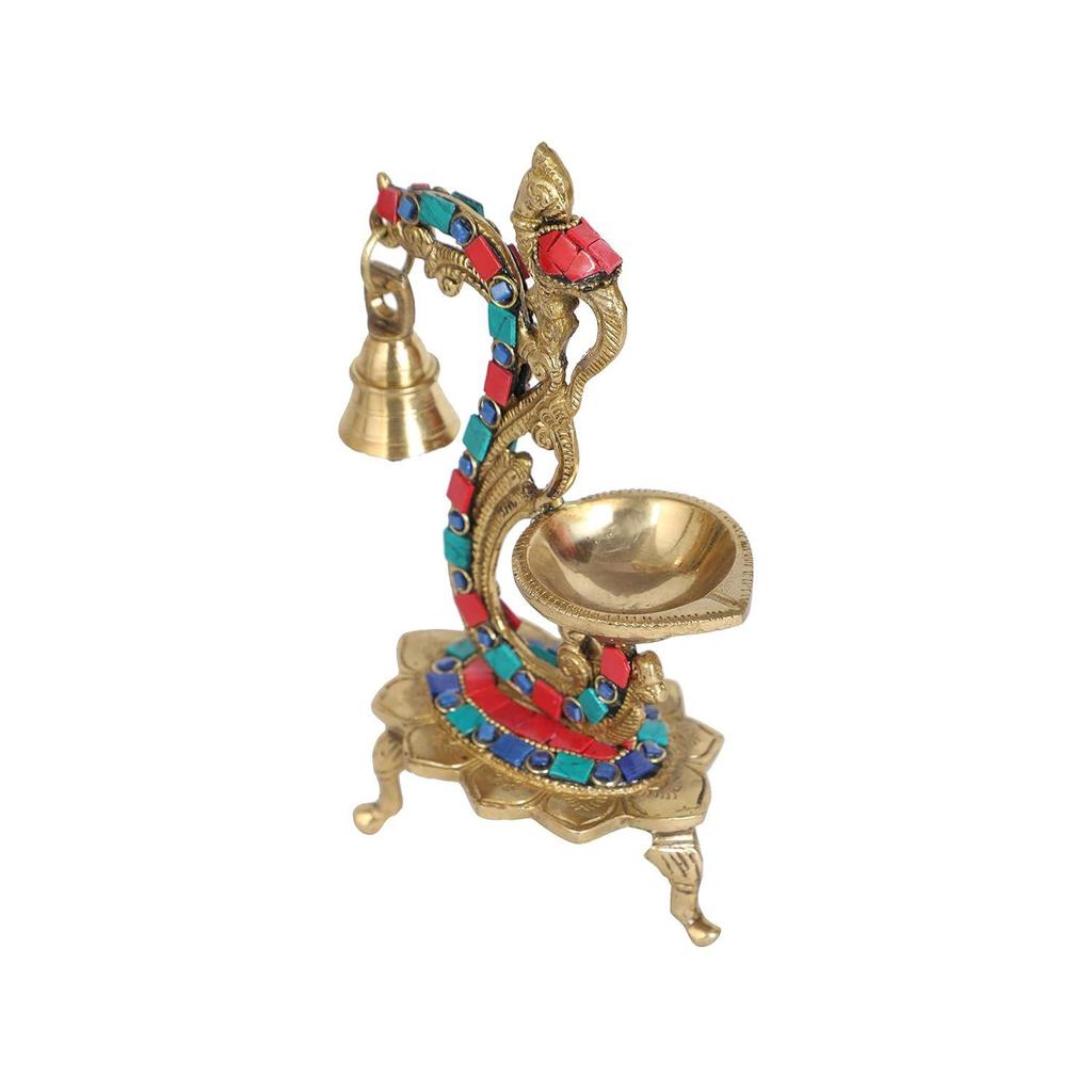 Gemstone Work Ethnic Carved Peacock Design Brass Diya with Bell, Brass Antique Oil Lamp, Brass Diyas for Home, Latest