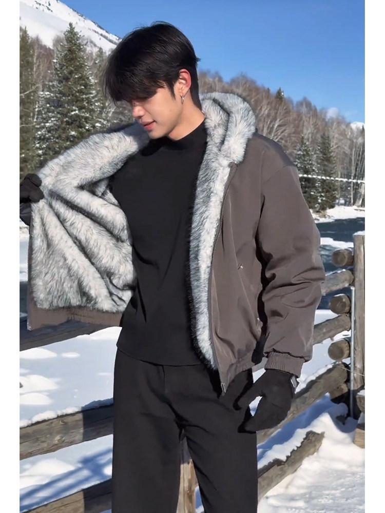 Мужская зимняя куртка с капюшоном "Король Полярных Волков" с густым мехом норки и большим воротником, утолщенная хлопковая верхняя одежда с подкладкой из бархата