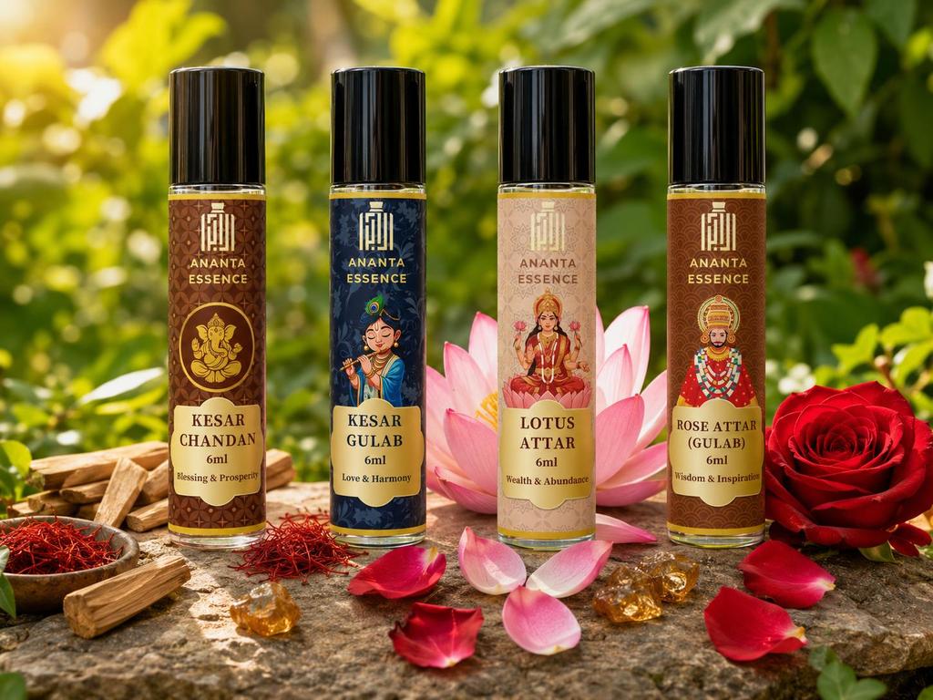 Ananta Essence Kesar Chandan, Rose, Kesar Gulab & Lotus Attar Combo 6ml Roll-On Perfume Oil Set