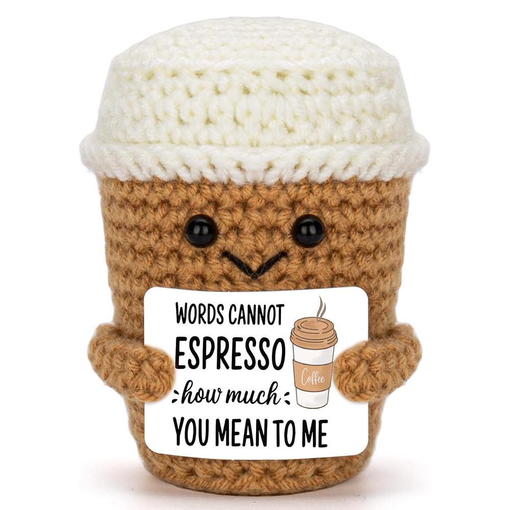 Funny Crochet Emotional Support Coffee Doll With Card Desktop Ornament Handmade Knitted Coffee Dolls Christmas Gifts Home Decor