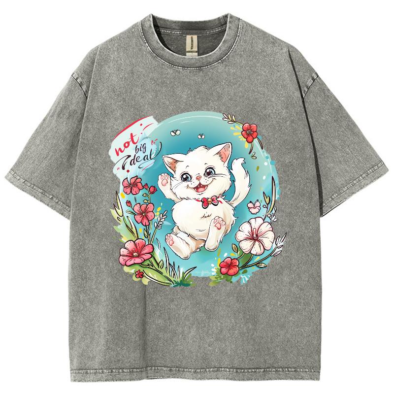 Cartoon Cute Kitten Print Women's T-Shirt Y2K Oversized Crew Neck Short Sleeve Wash Unisex  Fairy Style Top