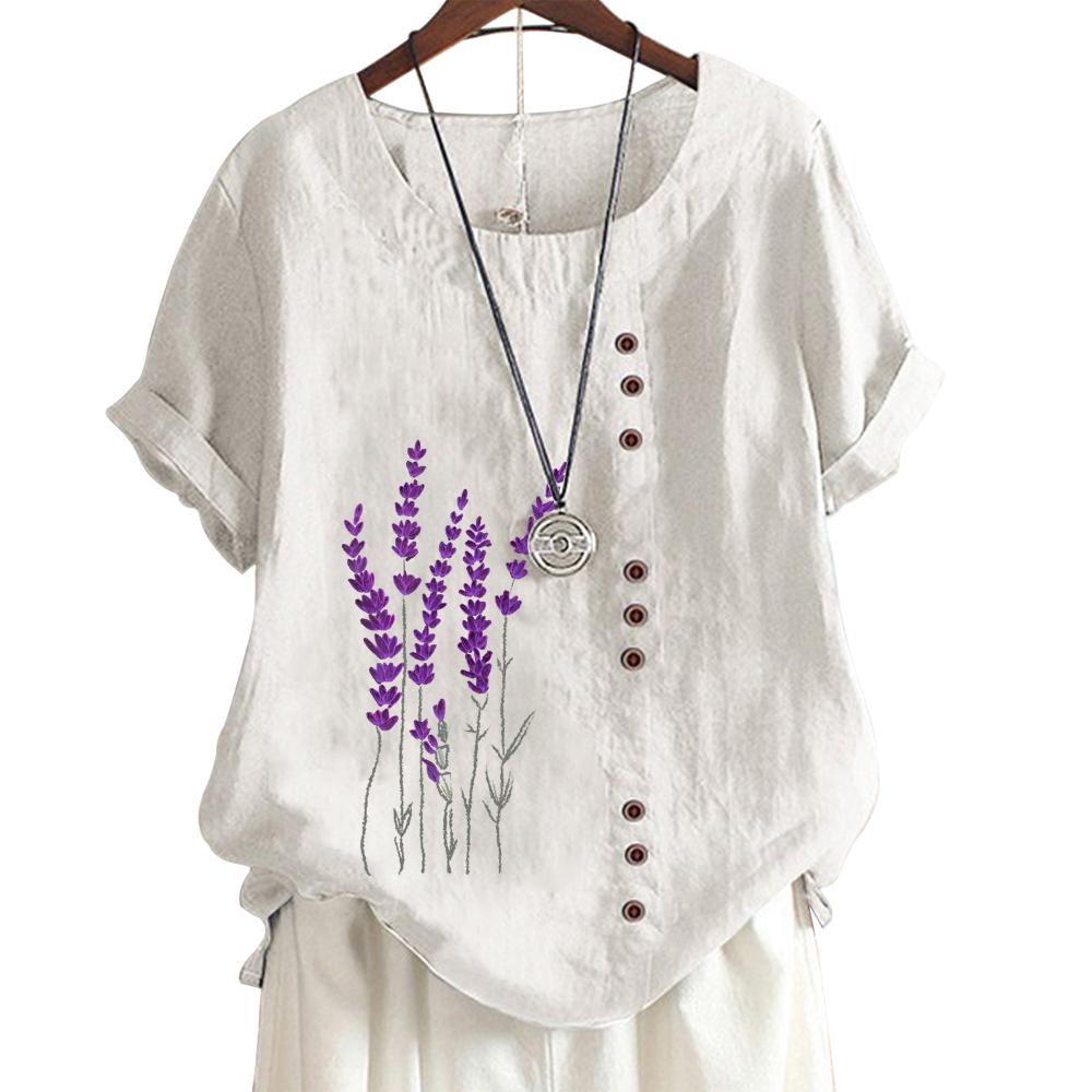 Classic Floral and Bamboo Pattern Women's Comfortable Cotton Linen Casual Tee with Round Neck and Short Sleeves S-5XL